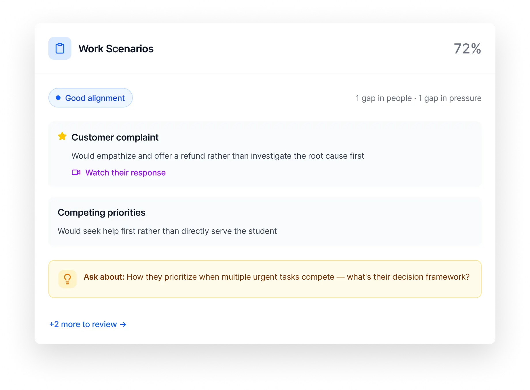 Applicant screening software evaluating candidate responses with work scenario examples and feedback tools.