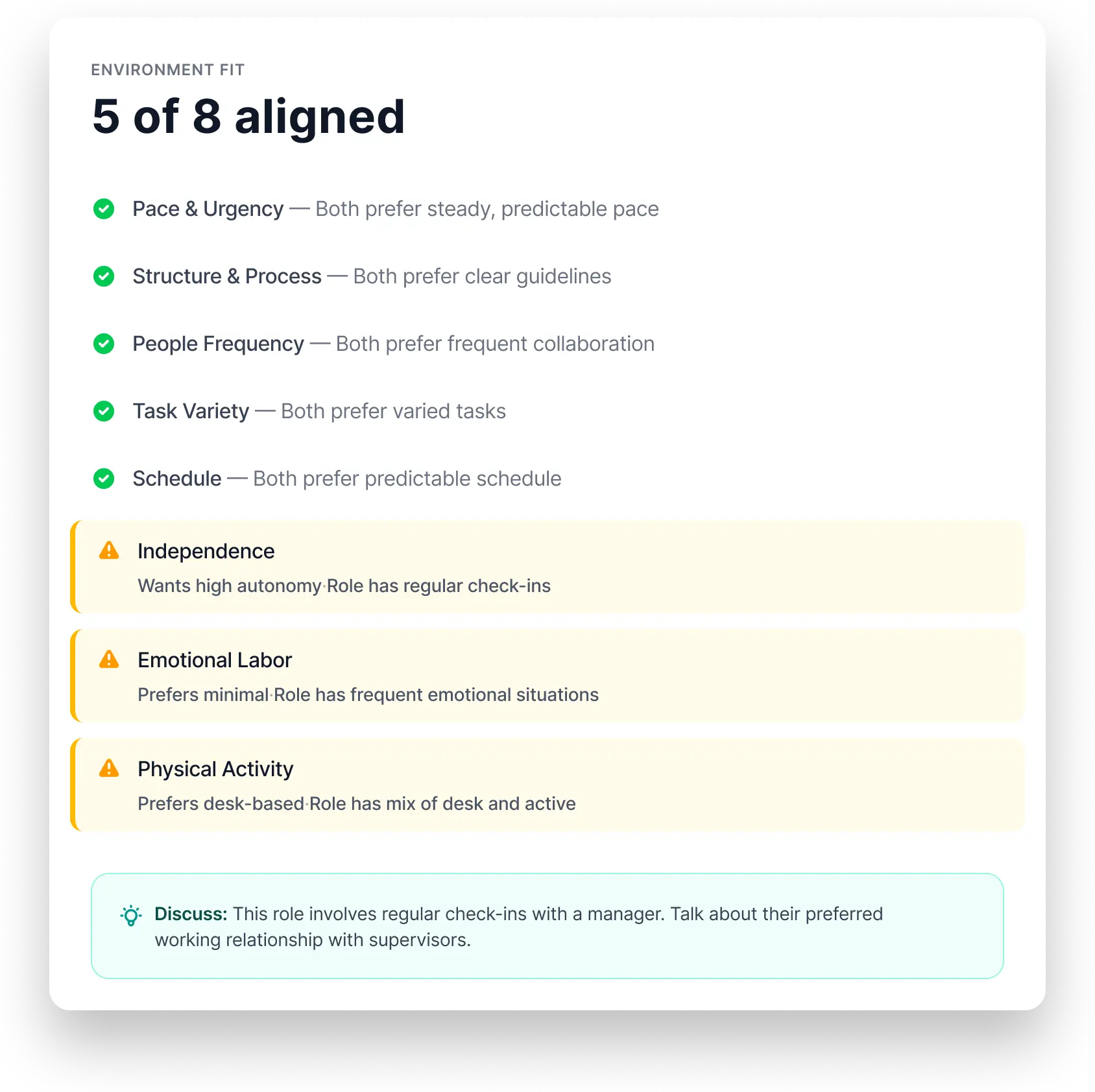 Candidate screening software shows 5 of 8 environment fit aligned using applicant screening software tools.