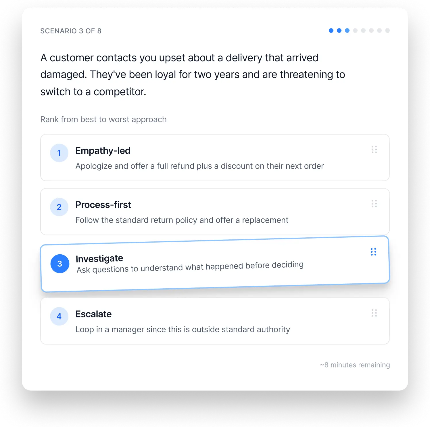 Customer support scenario ranking response approaches for damaged delivery issue with candidate screening software applicant tools.