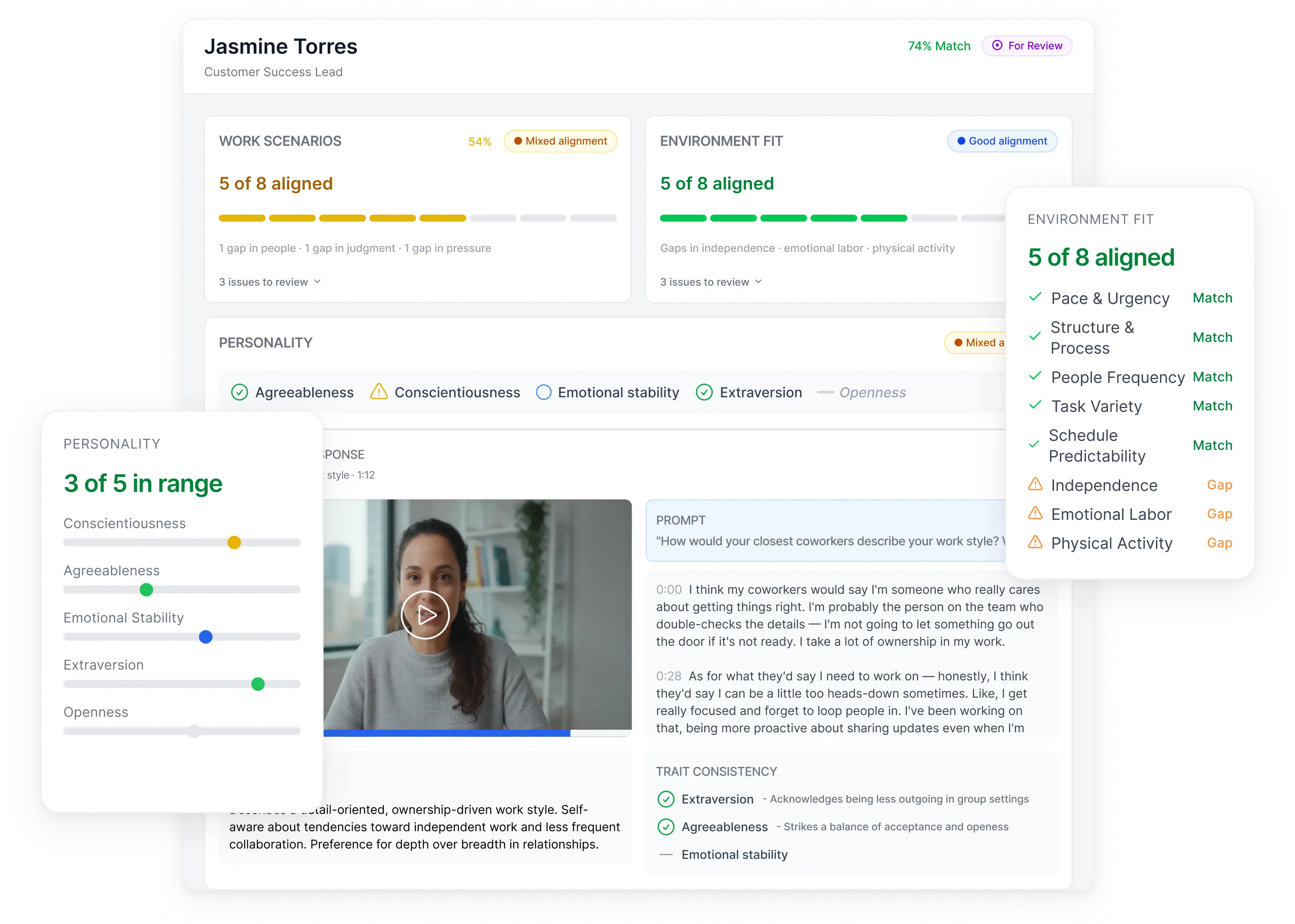 Applicant screening software analyzing candidate fit with work scenarios and environment through video response assessment.