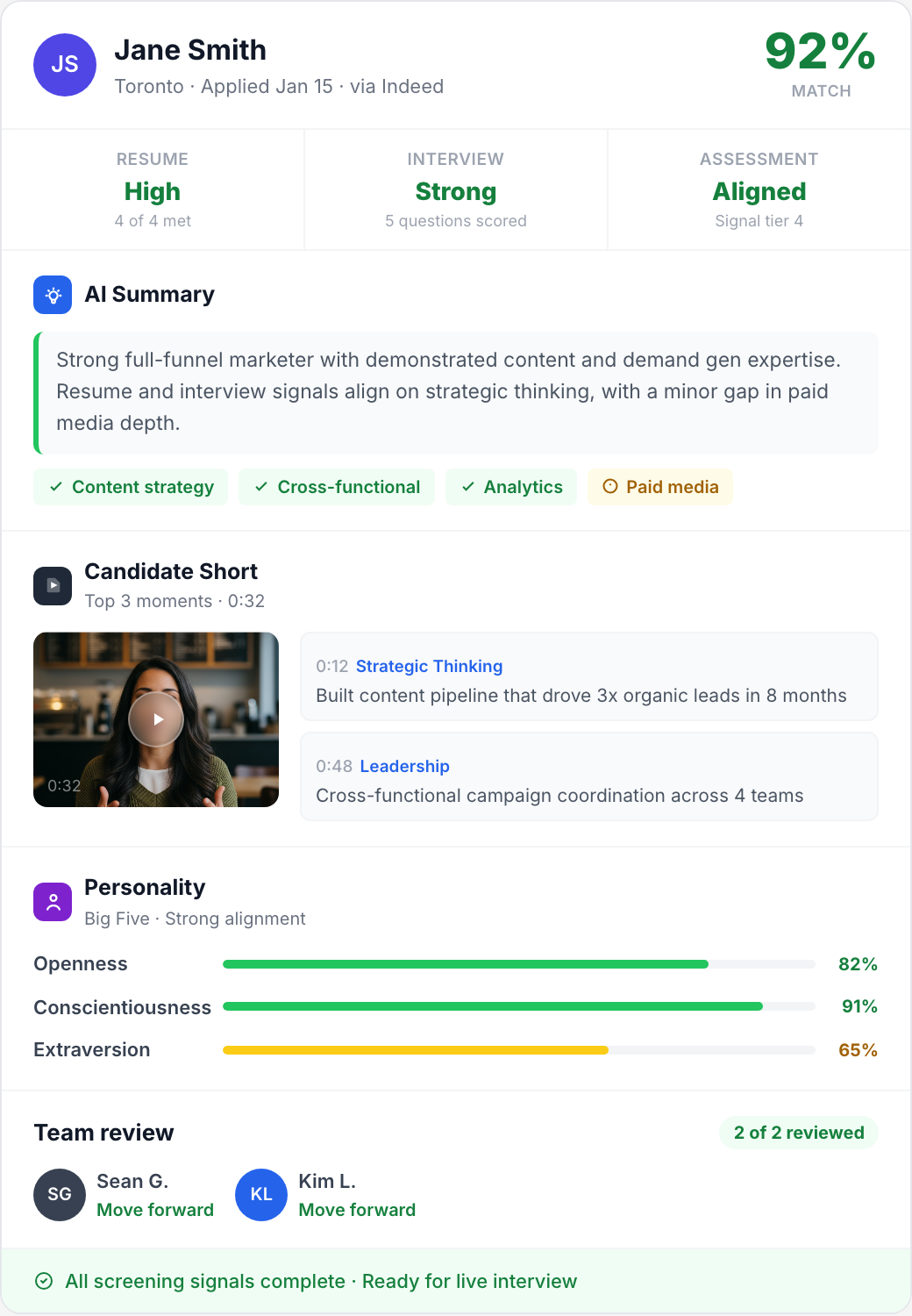 Truffle unified candidate profile — AI summary, video highlights, personality assessment, resume match, and team review in one view
