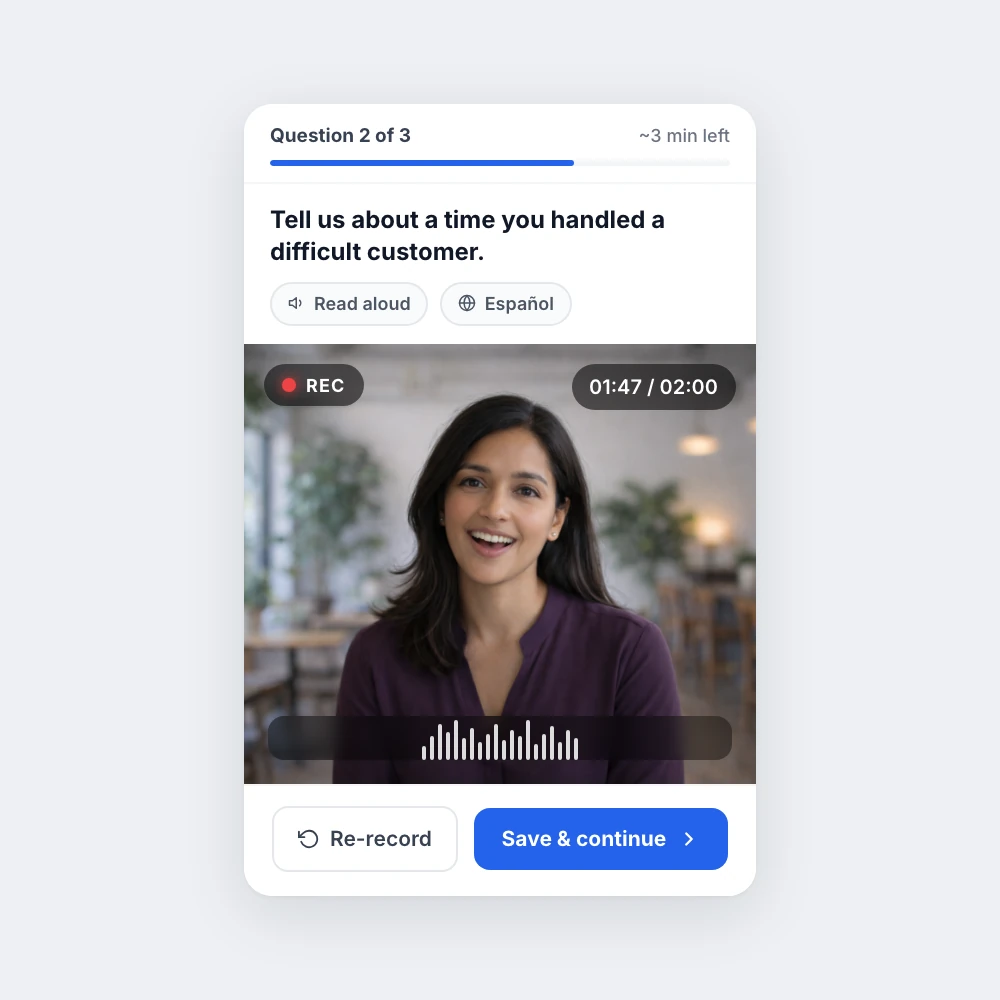 Candidate recording a one-way interview response from a mobile device.