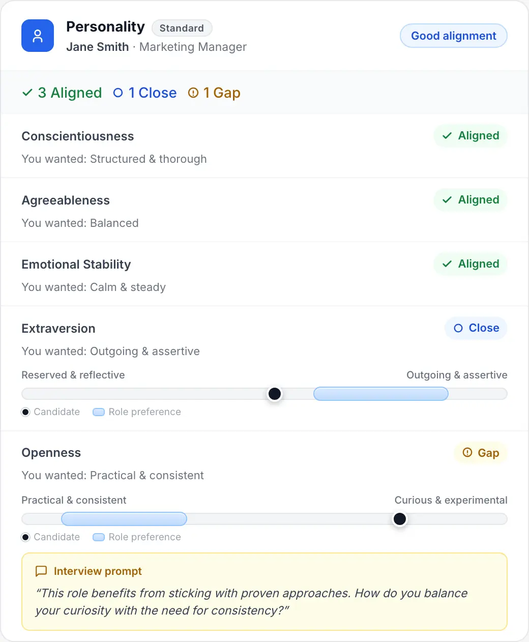 Big Five personality assessment results showing trait alignment on spectrum sliders with an interview prompt for gaps.