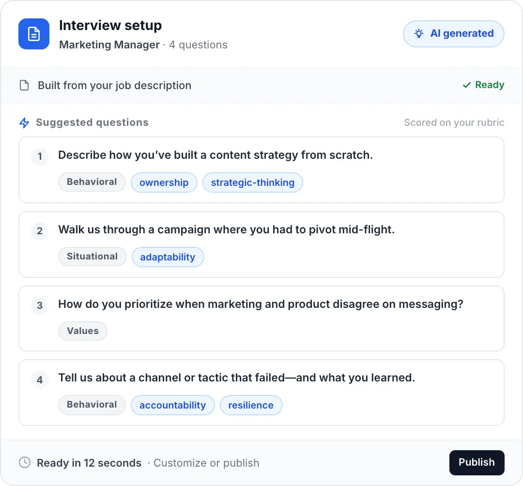Truffle interview setup screen with four AI-generated screening questions tagged by criteria like ownership and strategic thinking.