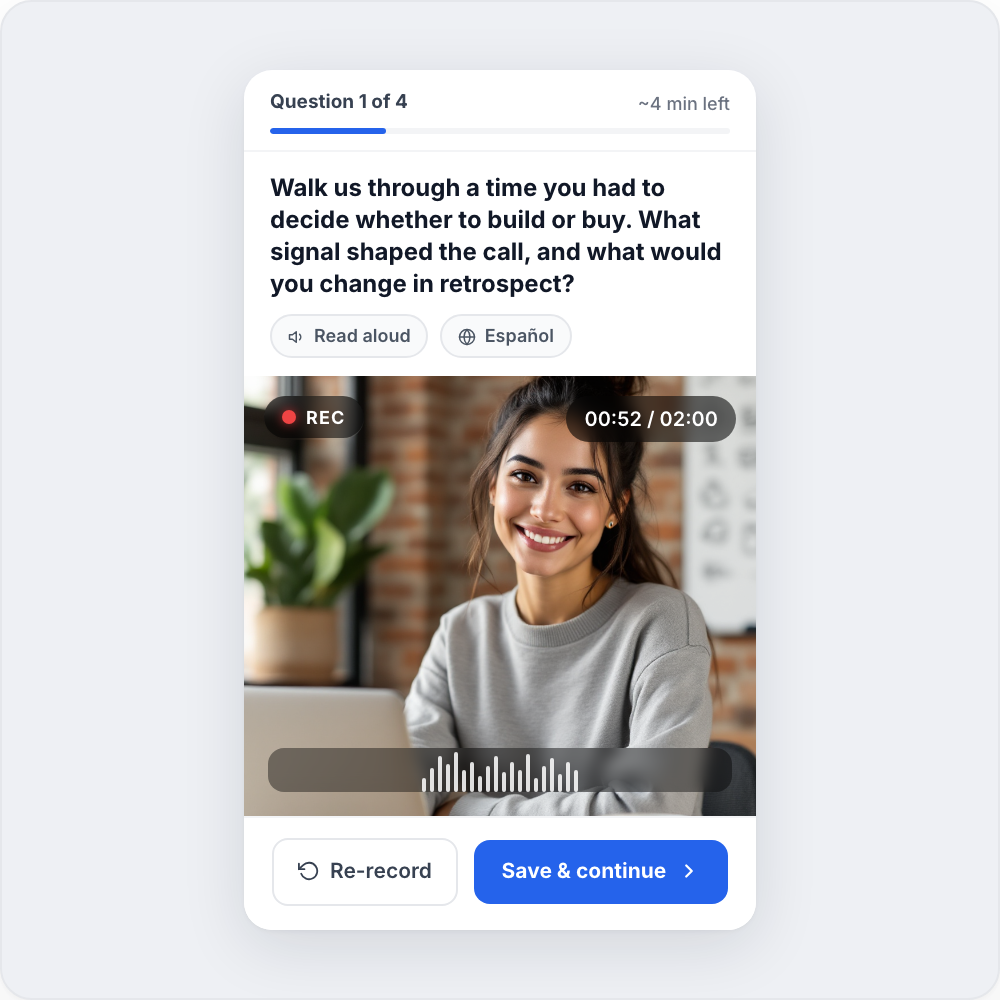Maya Torres recording a one-way video interview on her phone, answering a retail customer-instinct question