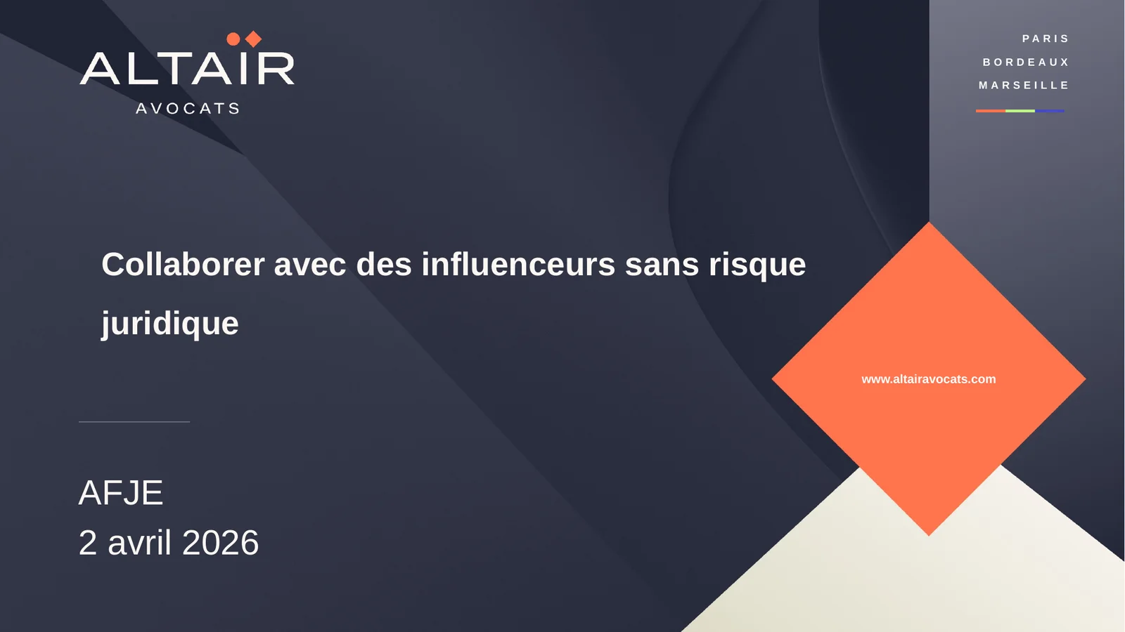 Couverture du support de formation « Collaborer avec des influenceurs sans risque juridique » d'Albane Watine (Altaïr Avocats) pour l'AFJE, avril 2026