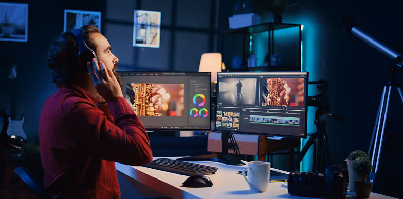 Video Editor Working At Dual Monitors