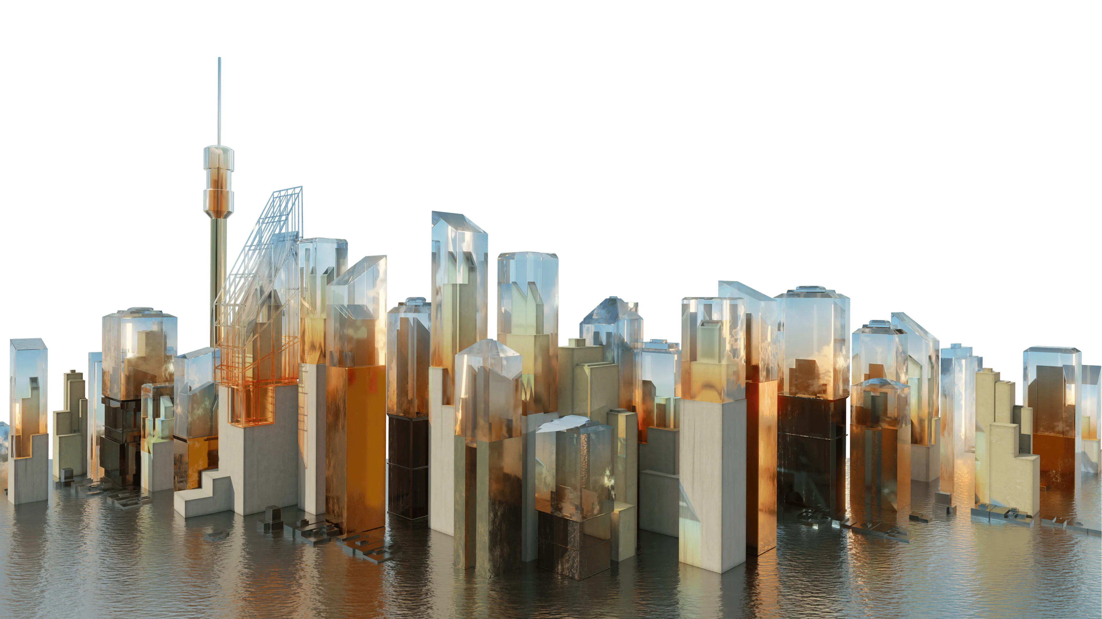 Futuristic city skyline with transparent buildings reflecting light above calm water.