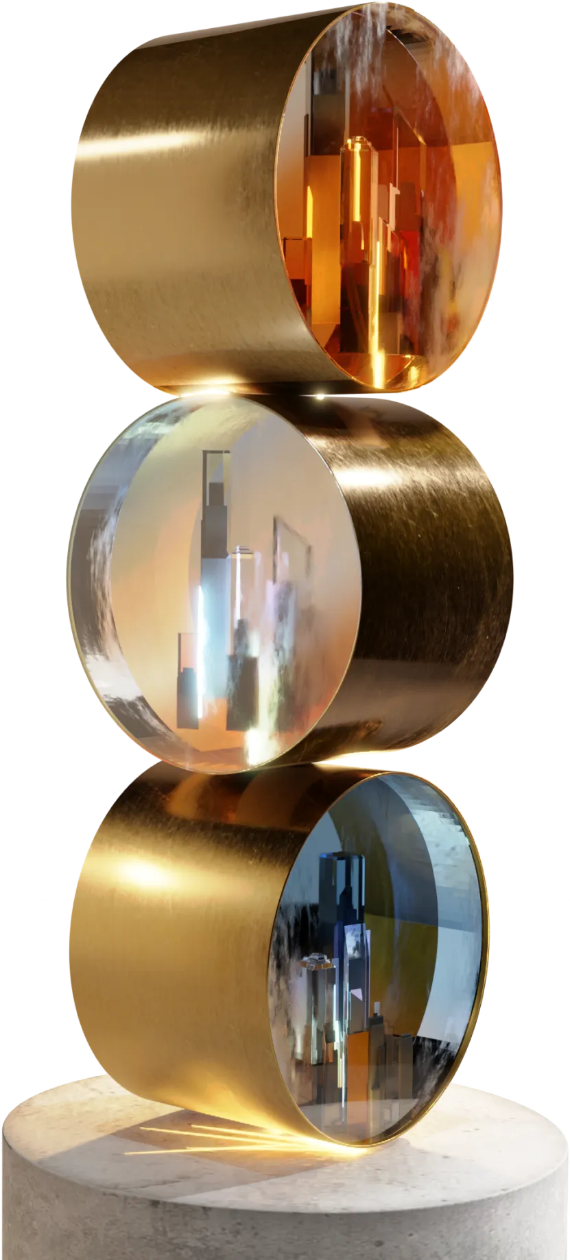 Abstract sculpture featuring three stacked golden cylinders with reflective inner surfaces showing miniature cityscapes, mounted on a circular stone base.