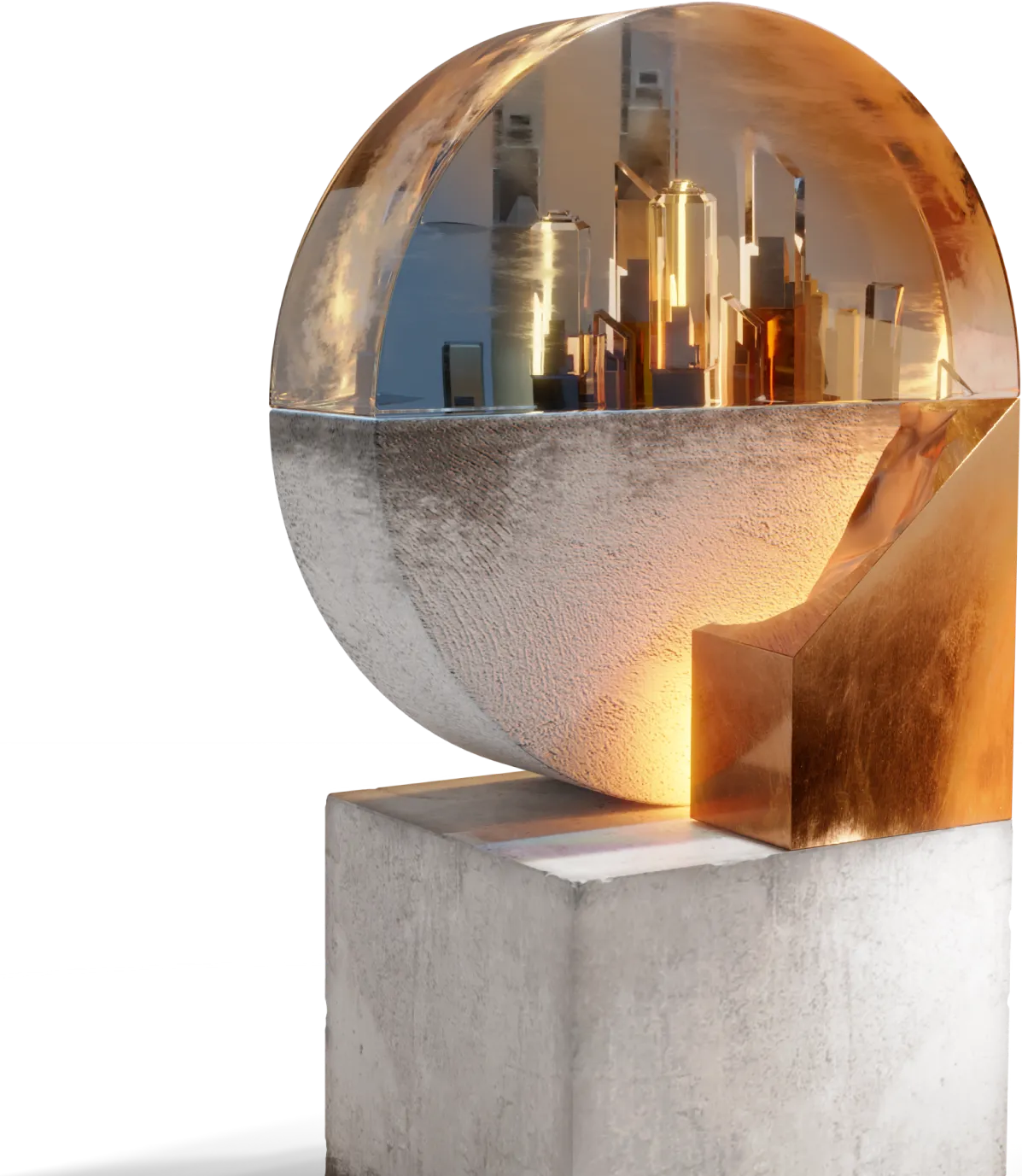 Modern sculpture featuring a golden half-sphere with a miniature cityscape inside, mounted on a concrete cube base.