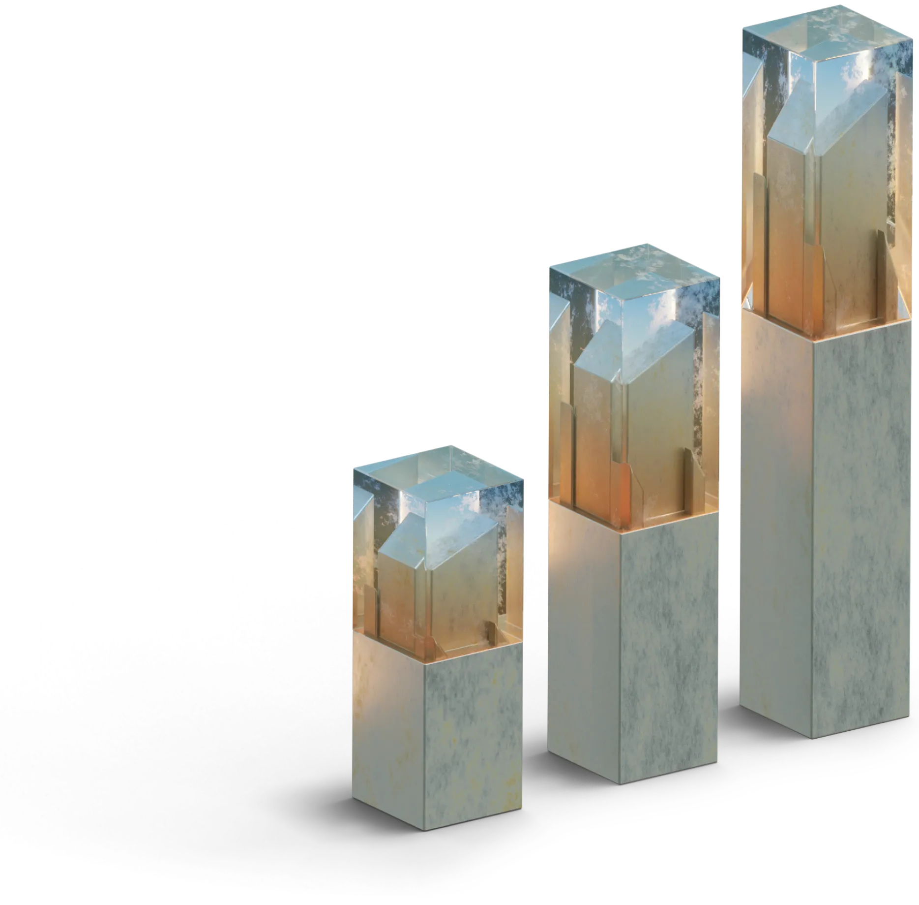 Three metallic and glass totem sculptures of varying heights arranged in ascending order.