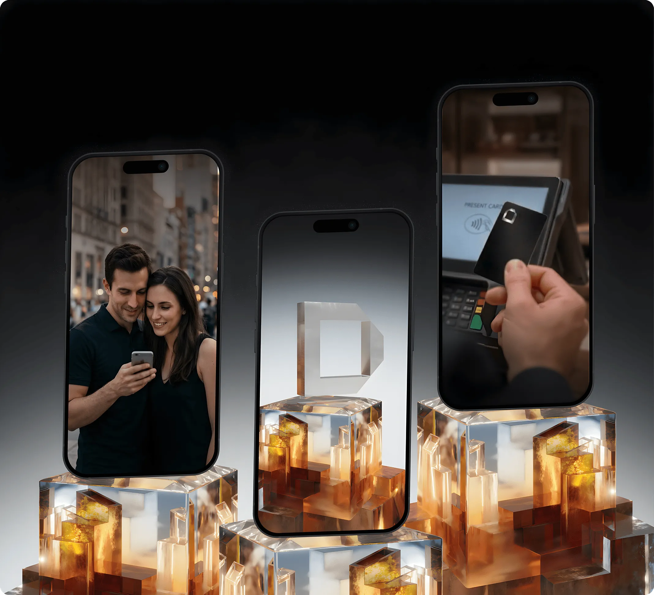 Three smartphones displayed on amber crystal blocks showing a couple looking at a phone, a 3D geometric shape, and a hand holding a card near a payment terminal.