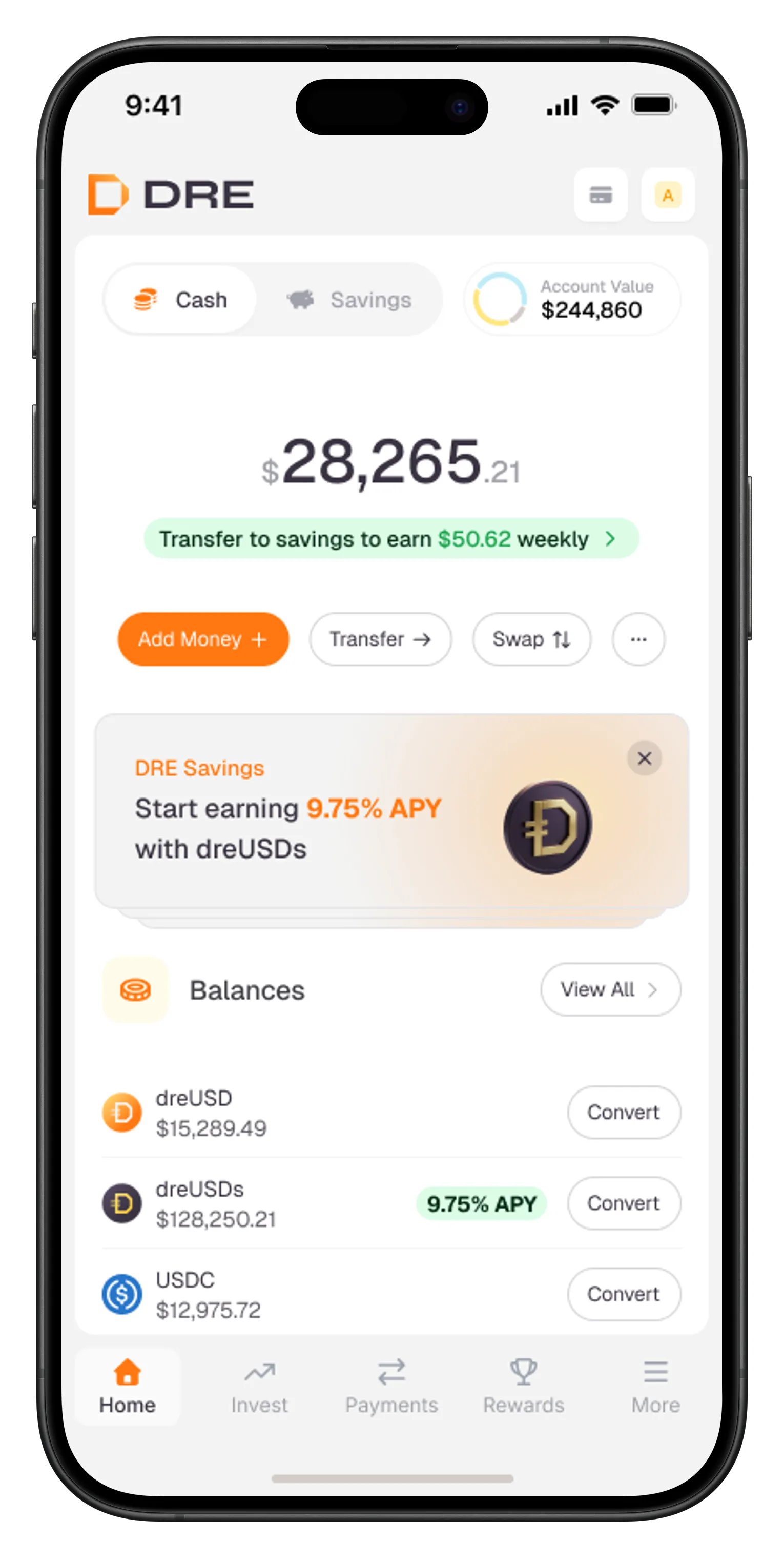Mobile banking app screen showing $28,265.21 in cash, option to transfer to savings to earn $50.62 weekly, and balances of dreUSD, dreUSDs earning 9.75% APY, and USDC with convert buttons.