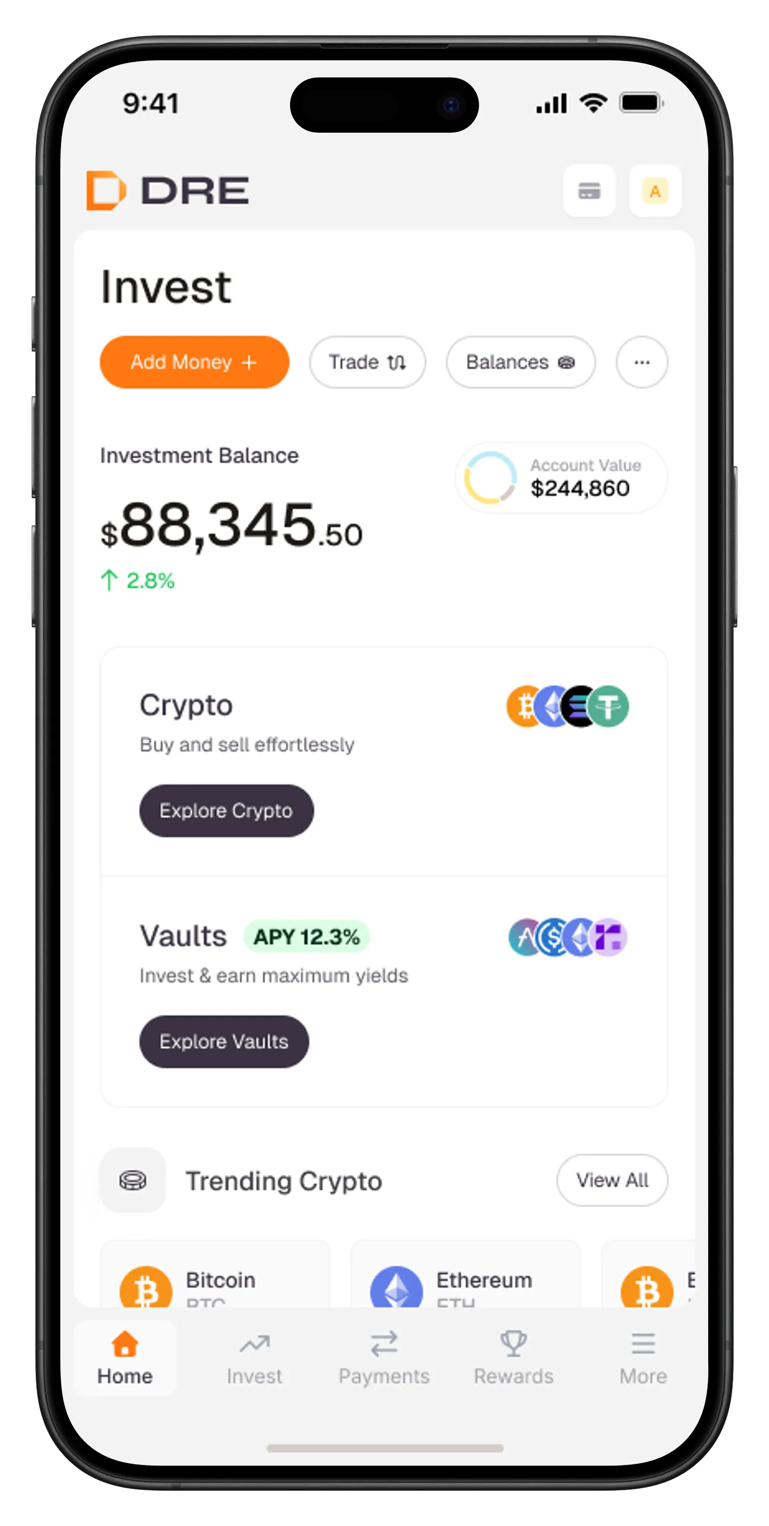 Mobile phone screen showing DRE investment app with $88,345.50 investment balance, 2.8% gain, and options to explore Crypto and Vaults with APY 12.3%.