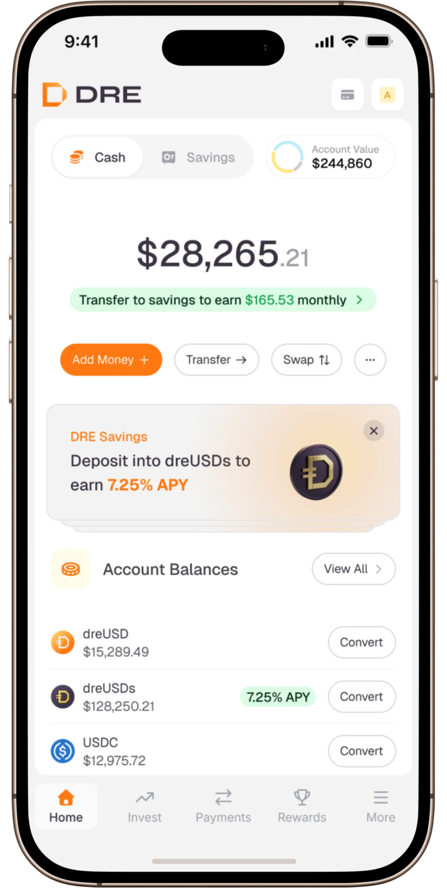 Mobile app screen showing $28,265 cash balance, savings options, 7.25% APY offer, and account balances.