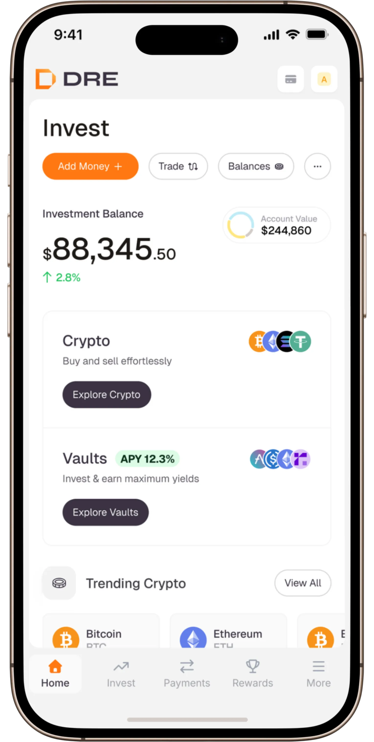 Mobile investment app screen showing $88,345.50 balance, crypto and vault options, and trending cryptocurrencies.