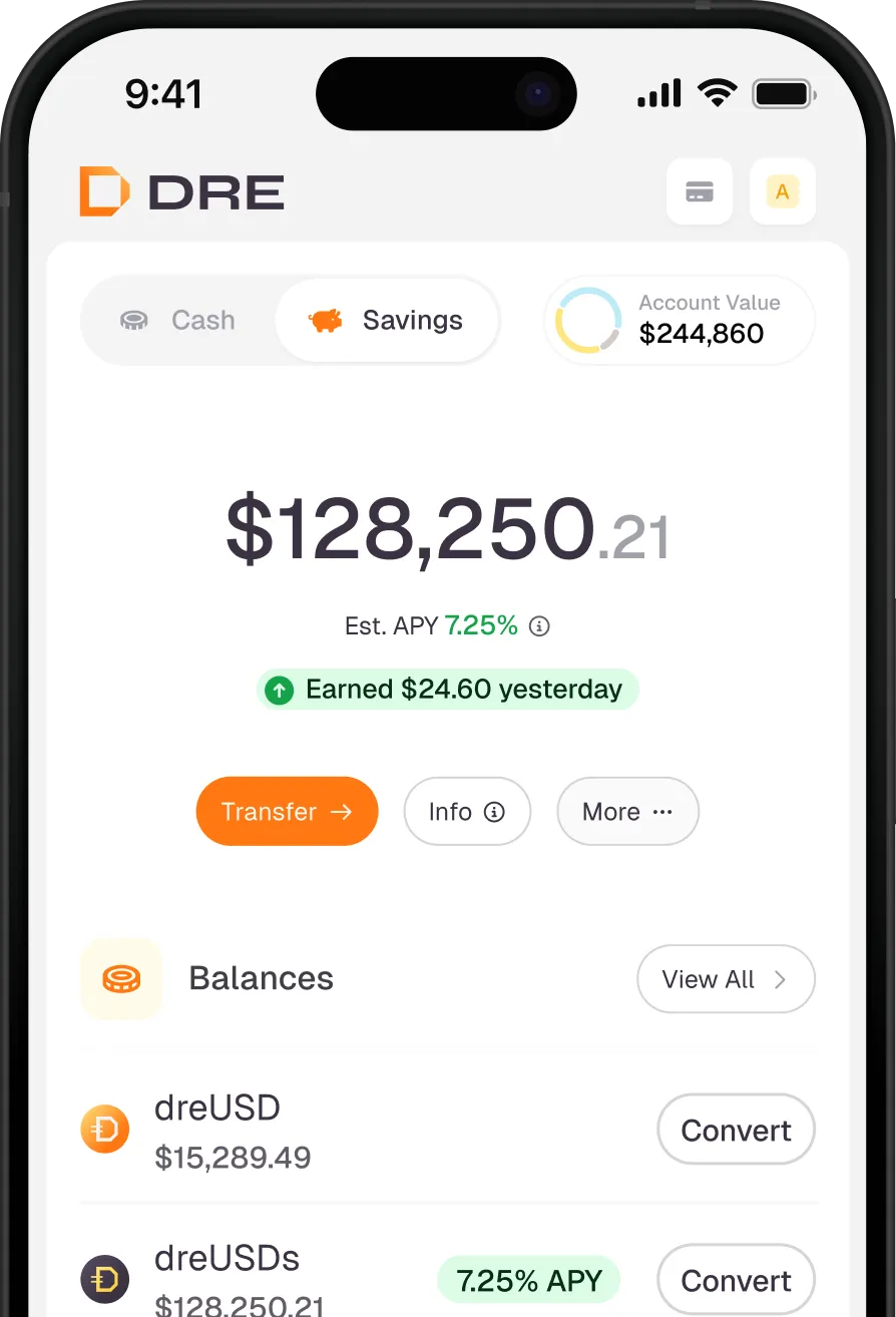Mobile app screen showing savings account balance of $128,250.21 with 7.25% APY and earned $24.60 yesterday.
