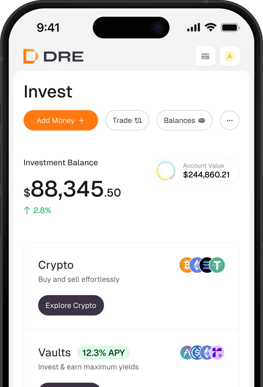 Mobile screen showing DRE investment app with balance $88,345.50, account value $244,860.21, and crypto options.