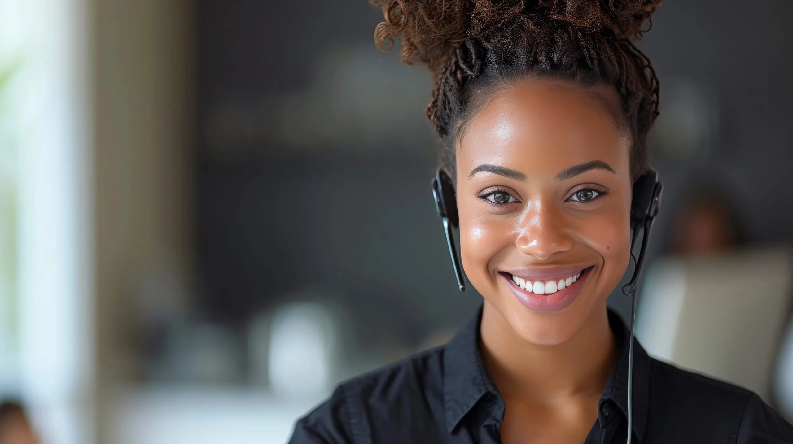 Smiling customer service representative wearing a headset and black shirt.