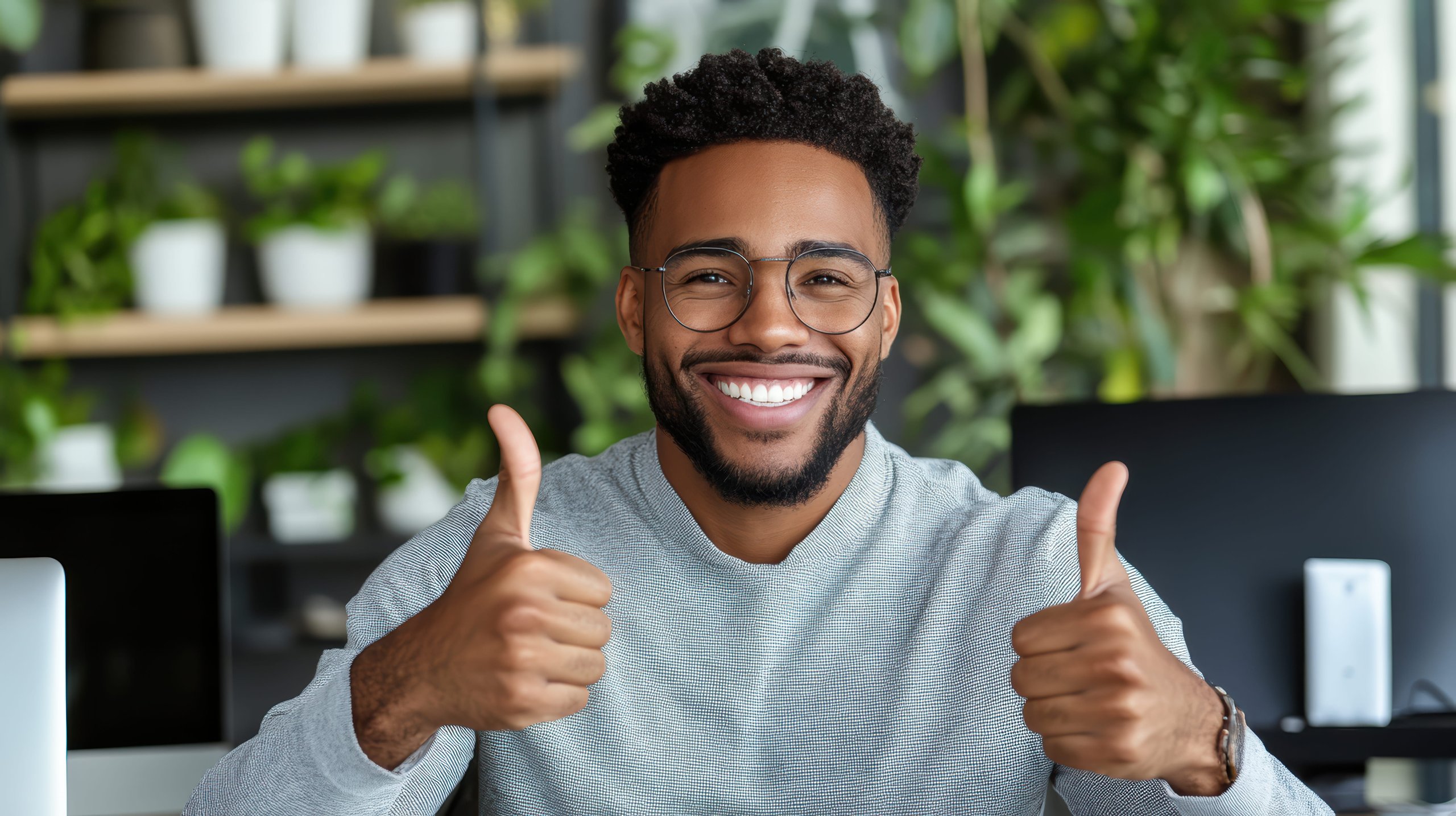 Smiling man wearing glasses and a gray sweater showing two thumbs up in a modern office with plants in the background.