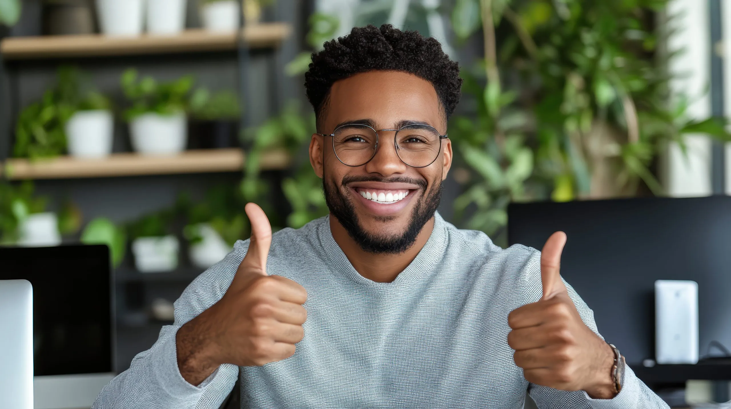 Smiling man wearing glasses and a gray sweater showing two thumbs up in a modern office with plants in the background.