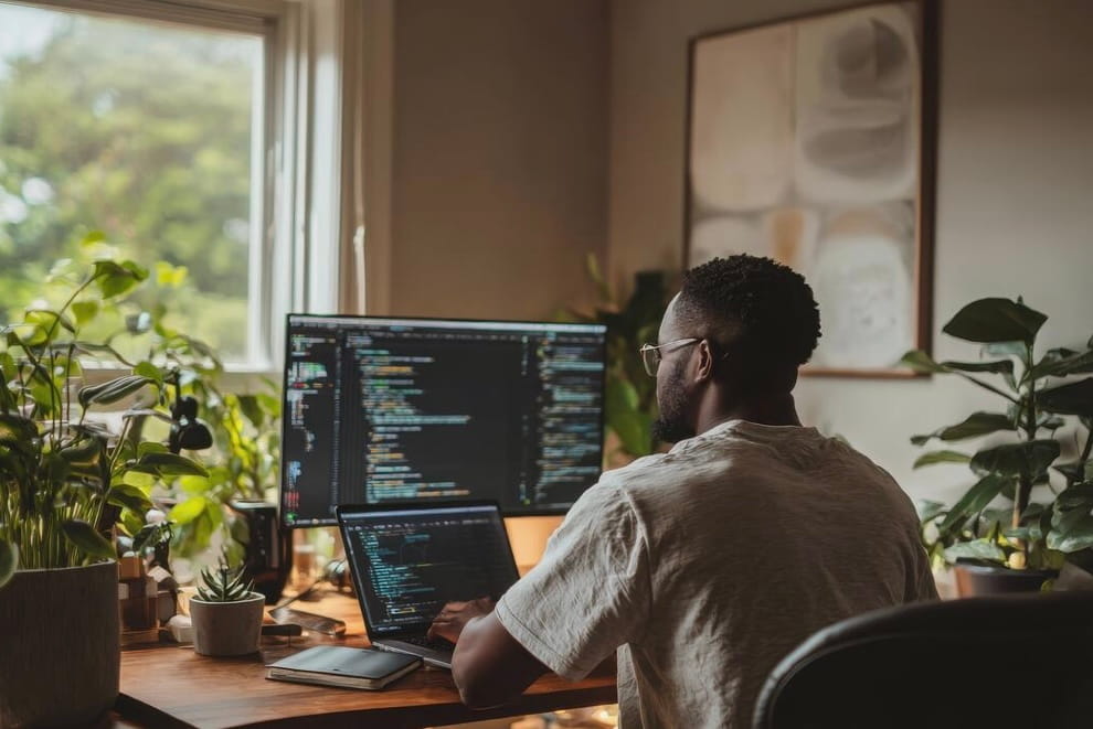 Man with glasses working on code on a laptop and a large monitor in a cozy room with plants and a window.