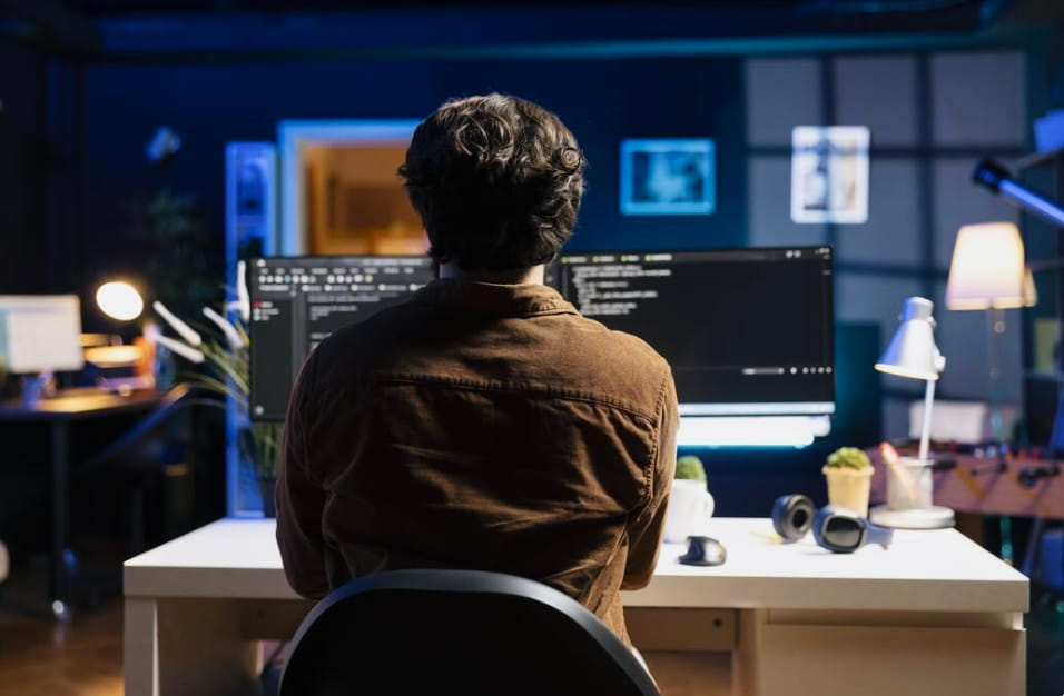 Person with curly hair and brown jacket sitting at desk working on multiple computer screens displaying code in a dimly lit office.