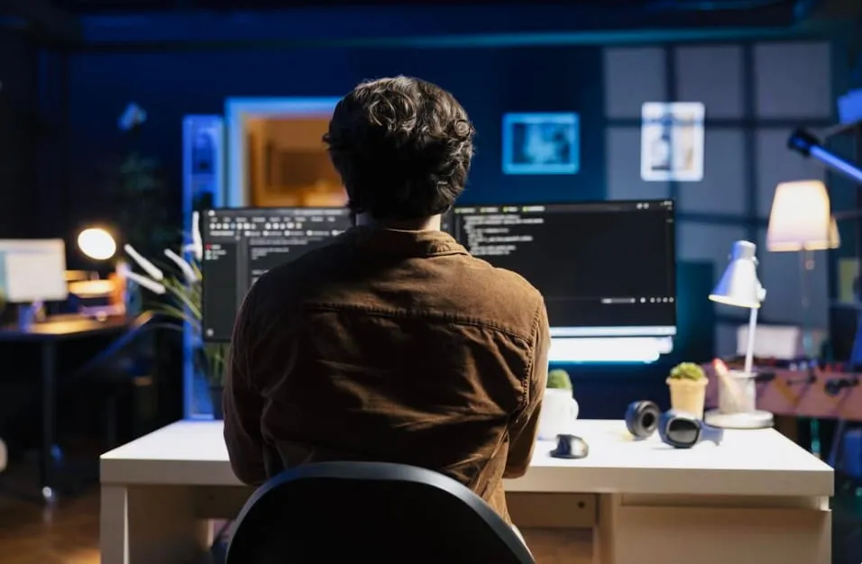 Person with curly hair and brown jacket sitting at desk working on multiple computer screens displaying code in a dimly lit office.
