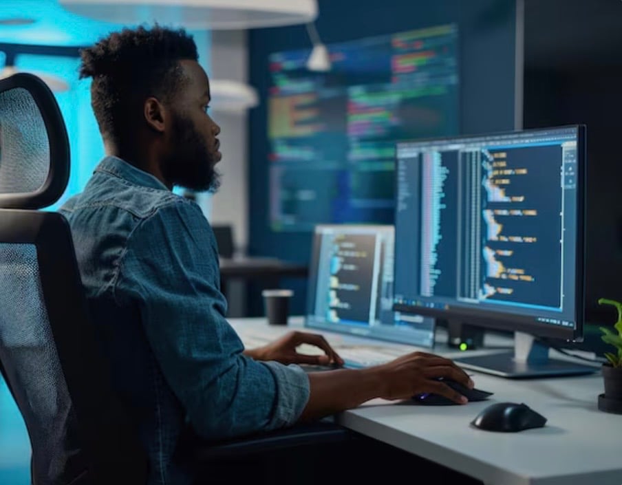 Man in a denim jacket working on coding displayed on dual computer monitors in a dimly lit office.