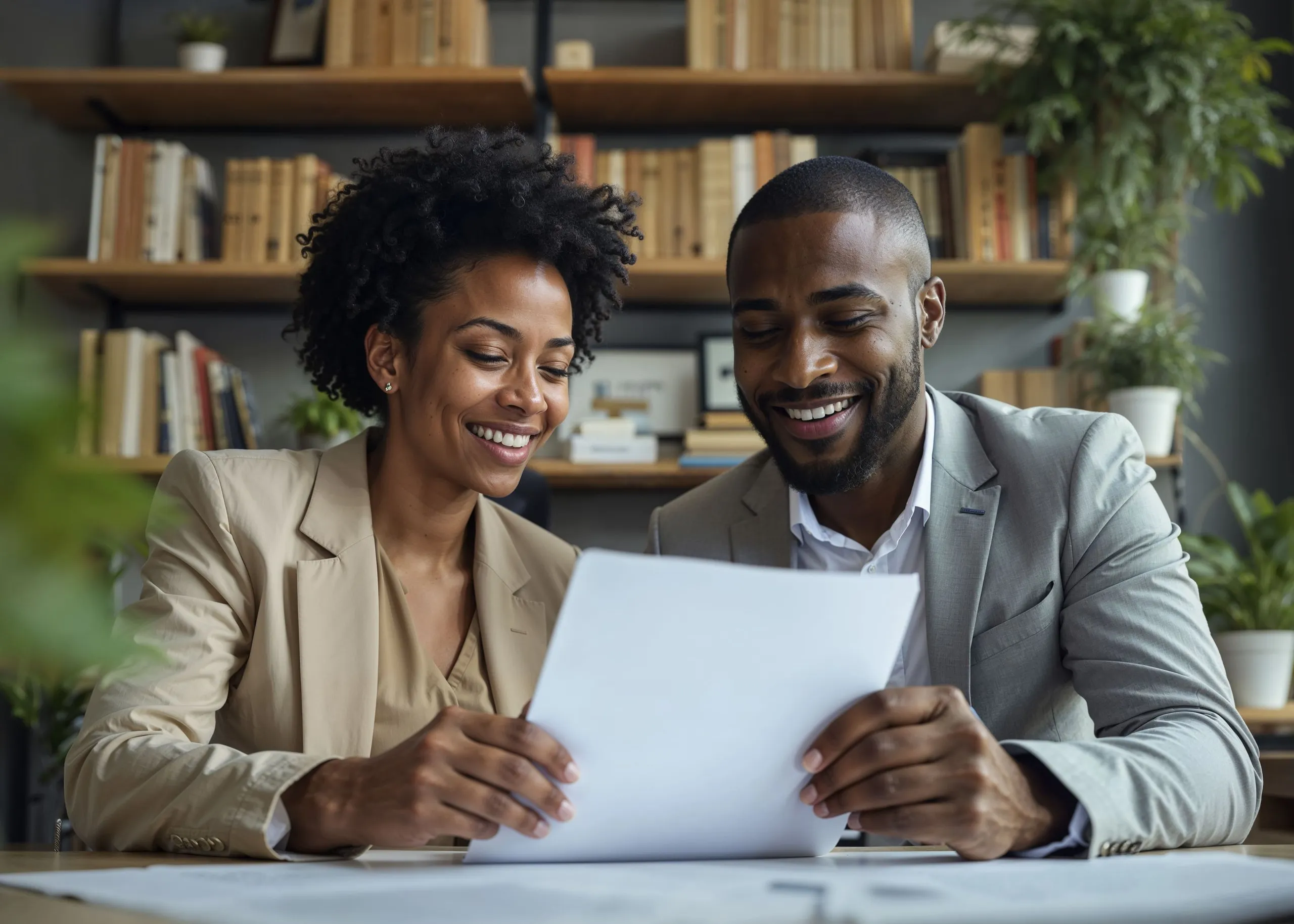 Two professionals smiling and reviewing a document together in an office with bookshelves and plants in the background.