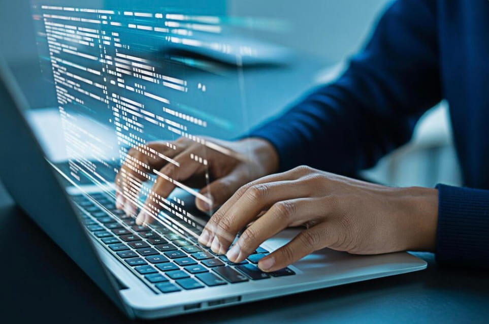 Close-up of hands typing on a laptop keyboard with overlaid lines of computer code on the screen.