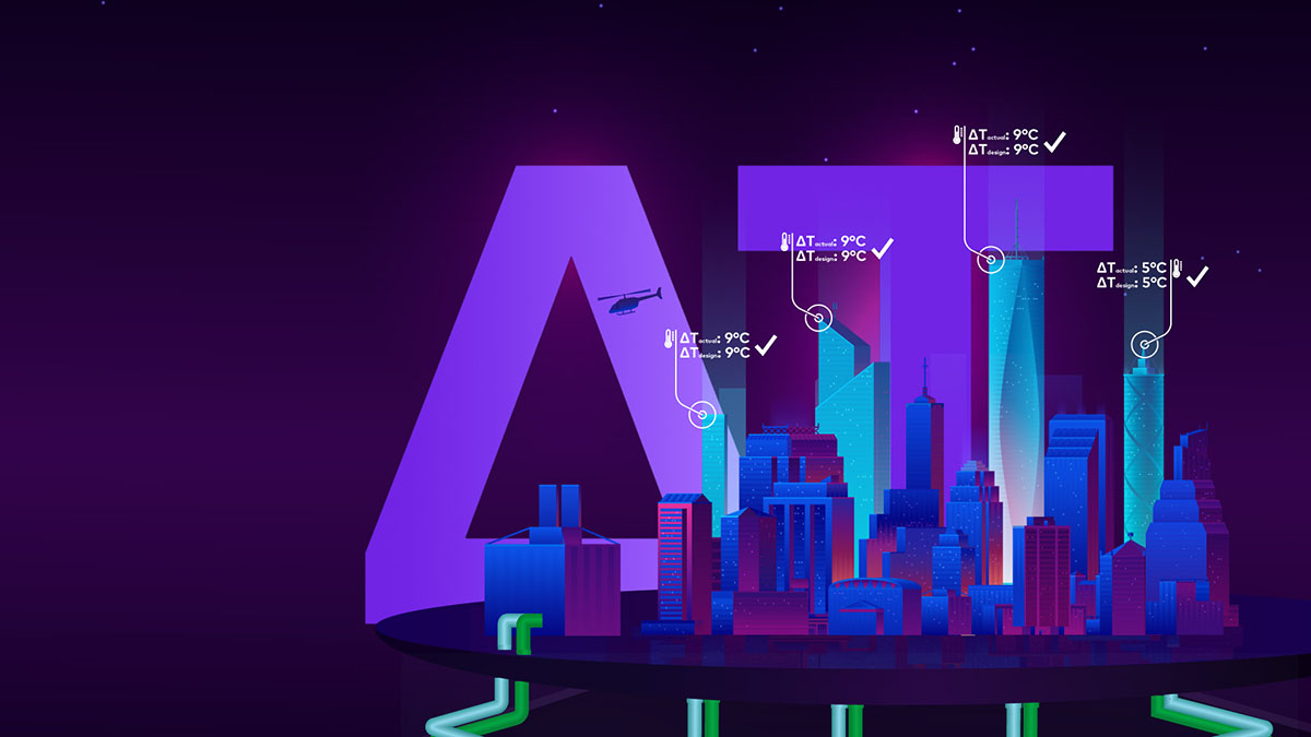 Educational Delta T campaign for district heating and cooling networks, explaining return temperature optimisation and IMI solutions to restore design Delta T and system efficiency.