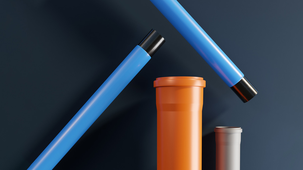 The project presents industrial pipes as sculptural design elements, using a minimalist composition, a deep blue background, and precise 3D lighting to highlight their form, vibrant colors, and engineering quality.