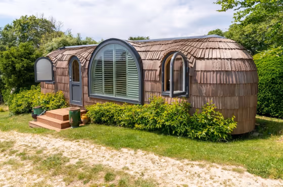 Unique brown wooden cabin with curved roof and arched windows surrounded by greenery on a grassy lawn.