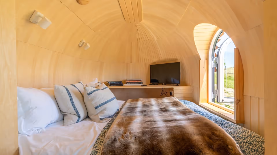 Cozy wooden interior of a small cabin featuring a bed with striped pillows, a fur throw, a TV on a shelf, and an arched window showing greenery outside.