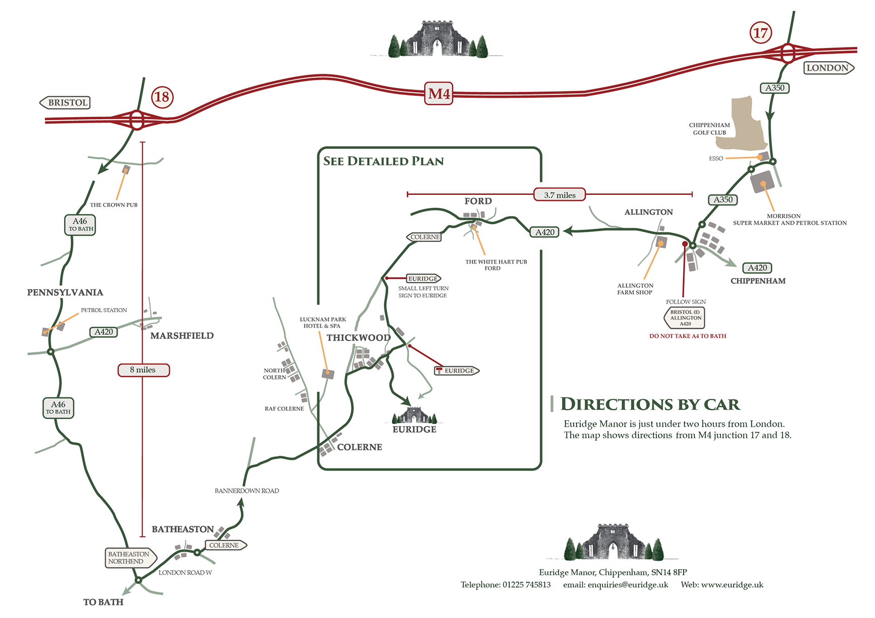 Map showing driving directions to Euridge Manor from M4 junctions 17 and 18, including nearby towns Bath, Chippenham, Marshfield, and landmarks like pubs, petrol stations, and golf club.