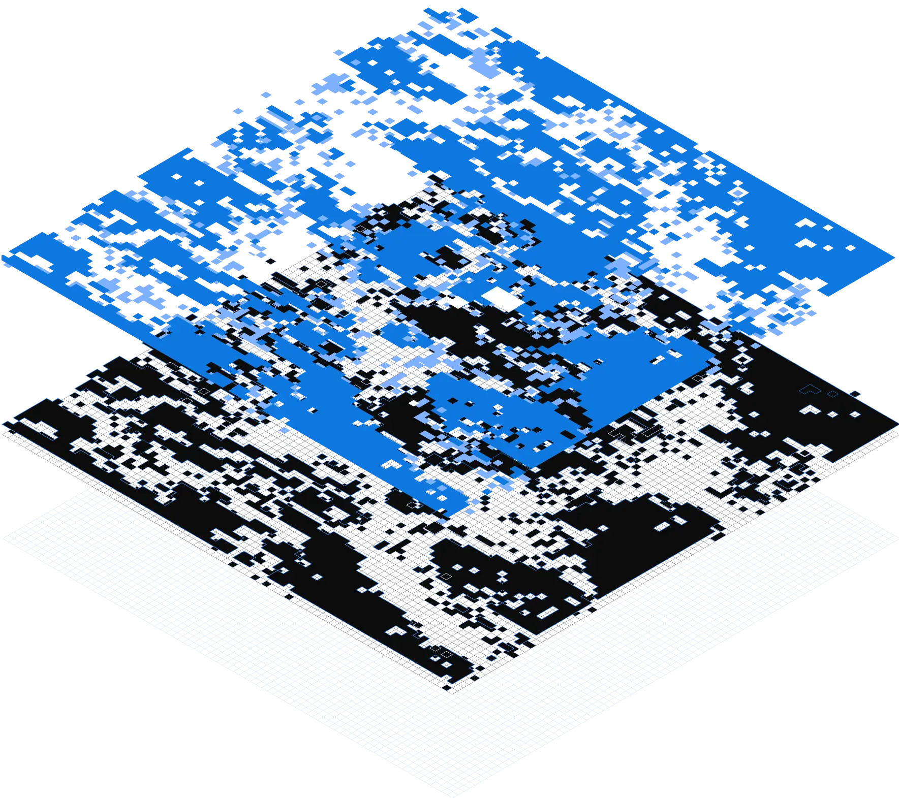 3D layered digital data visualization with scattered blue and gray pixel-like squares over a black background.