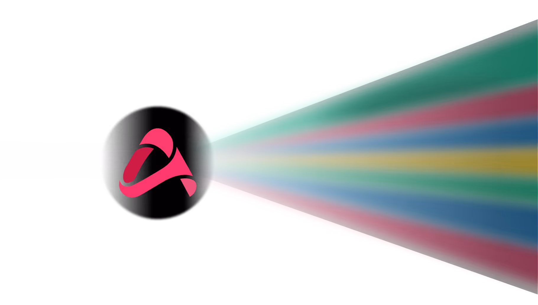 White light beam passing through a black circle with a pink abstract symbol, dispersing into multicolored beams on the right.