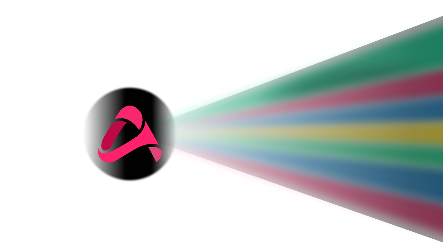 White light beam passing through a black circle with a pink abstract symbol, dispersing into multicolored beams on the right.