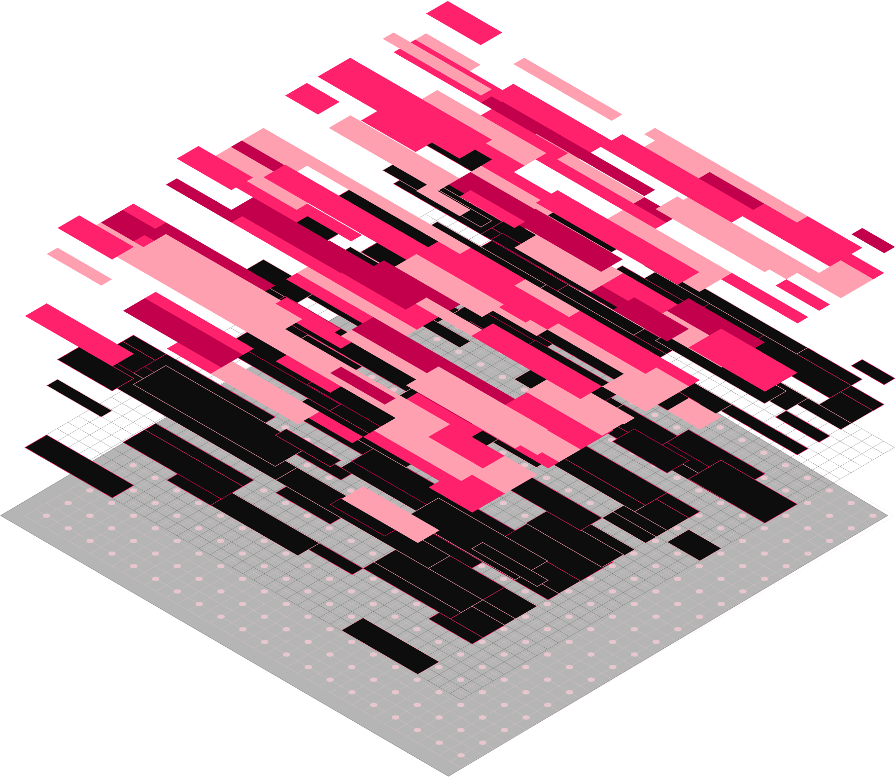 Abstract 3D grid with various floating pink and magenta rectangular blocks above a dark base grid with small light pink dots.