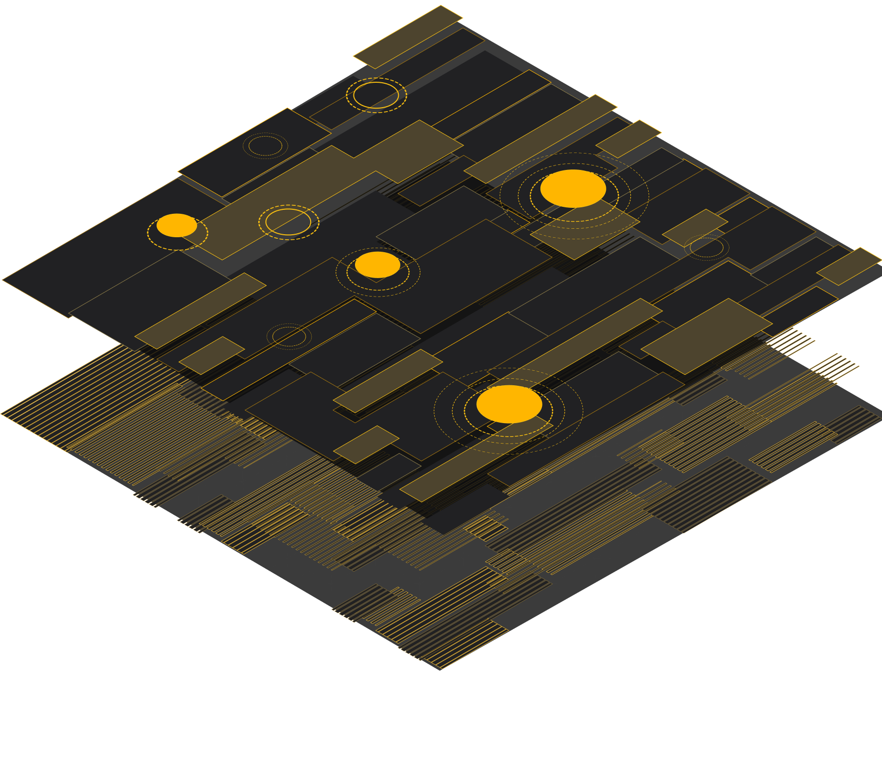 Isometric digital circuit board with yellow circular nodes and geometric layers on a black background.