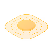 Orange adhesive bandage with a textured oval center and dotted perimeter.