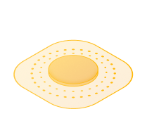 Orange adhesive bandage with a textured oval center and dotted perimeter.