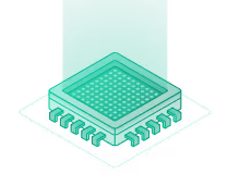 Green 3D illustration of a microchip with pins on a green gradient background.