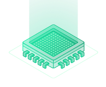 Green 3D illustration of a microchip with pins on a green gradient background.