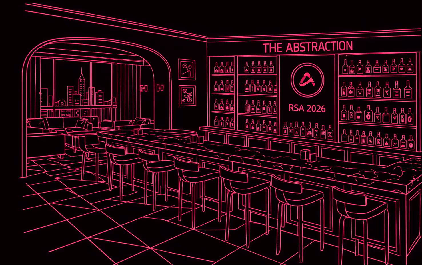 Neon pink outline of a modern bar interior with a long counter, bar stools, shelves of bottles, and a city skyline visible through large windows.