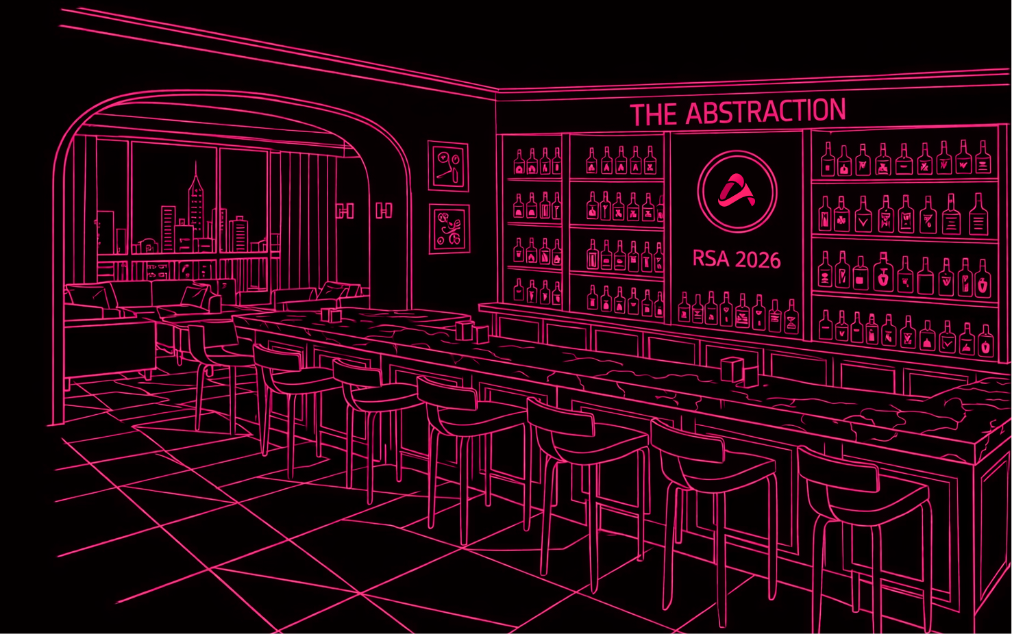 Neon pink outline of a modern bar interior with a long counter, bar stools, shelves of bottles, and a city skyline visible through large windows.