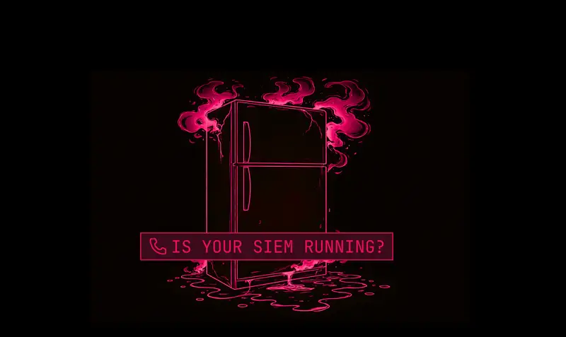 Neon pink outline of a refrigerator on fire with liquid spilling below and text asking, 'Is your SIEM running?'