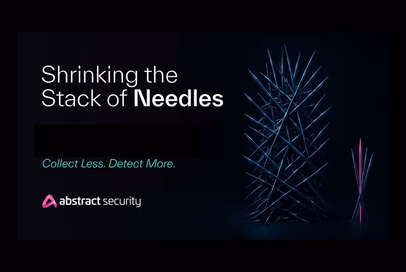 Digital art showing a large and a small stylized stack of blue needles, with one pink needle in the small stack, alongside text 'Shrinking the Stack of Needles' and 'Collect Less. Detect More.' with abstract security logo.