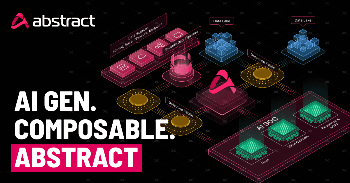 Abstract AI Gen. Composable platform diagram showing data sources, security data pipelines, detection fabric, data lakes, and AI SOC components including Hunt, SIEM Console, and Response & SOAR.
